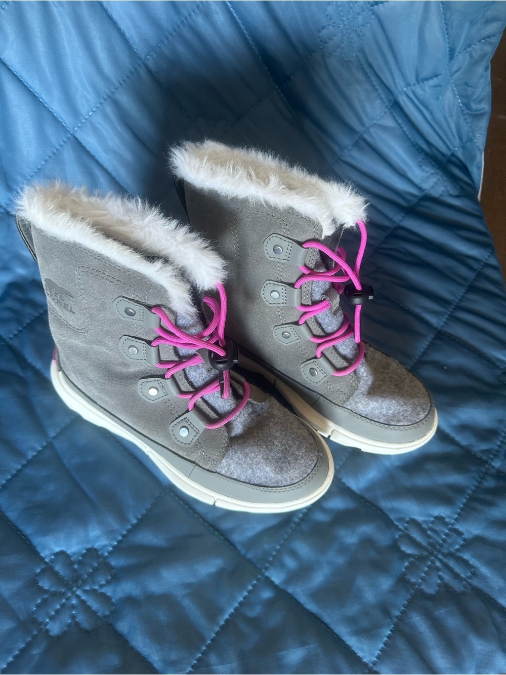 Sorel Grey Kids Winter Boots with Pink Laces